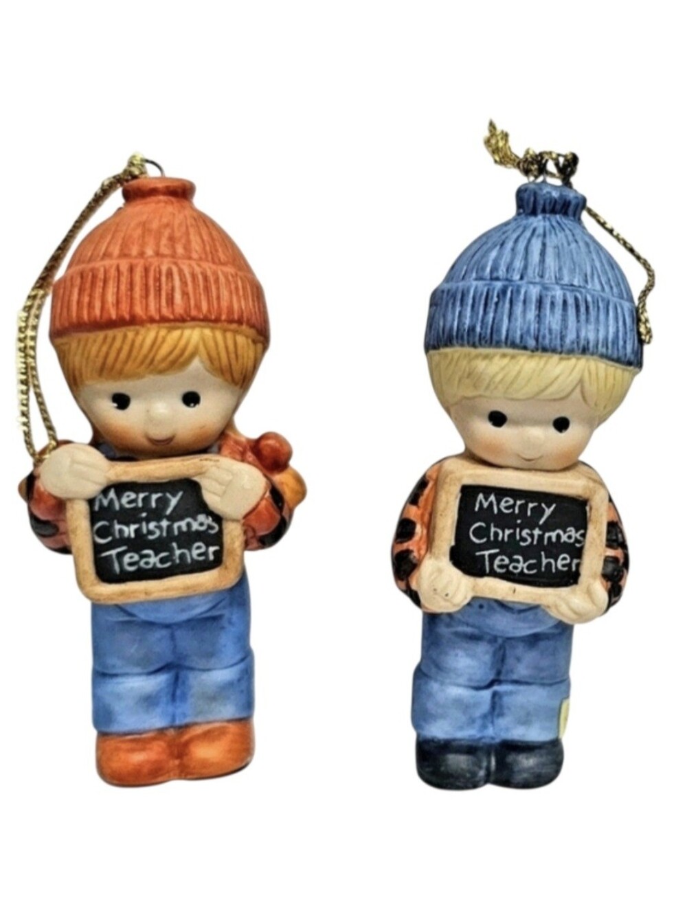 Vintage Enesco Boy & Girl figurines "Merry Christmas Teacher "